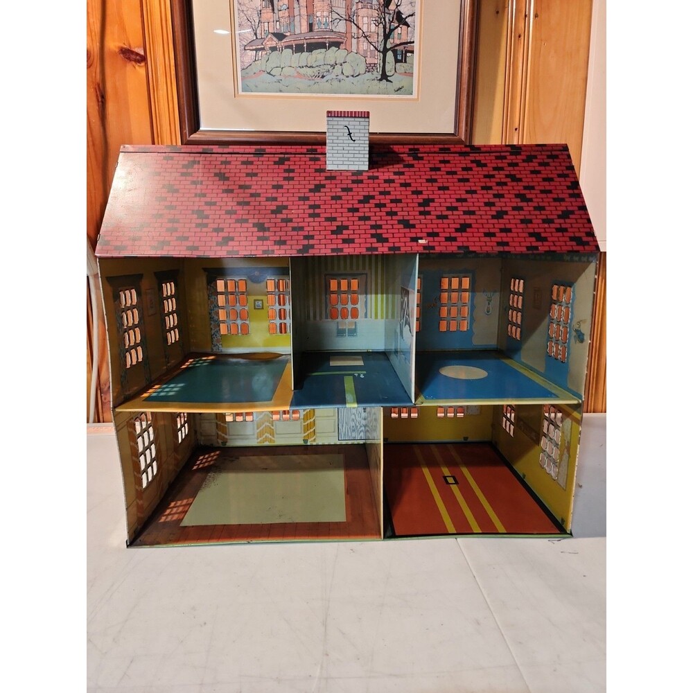 MCM 1940's Playsteel Woolworth Exclusive Litho Tin 2 Story Colonial Doll House